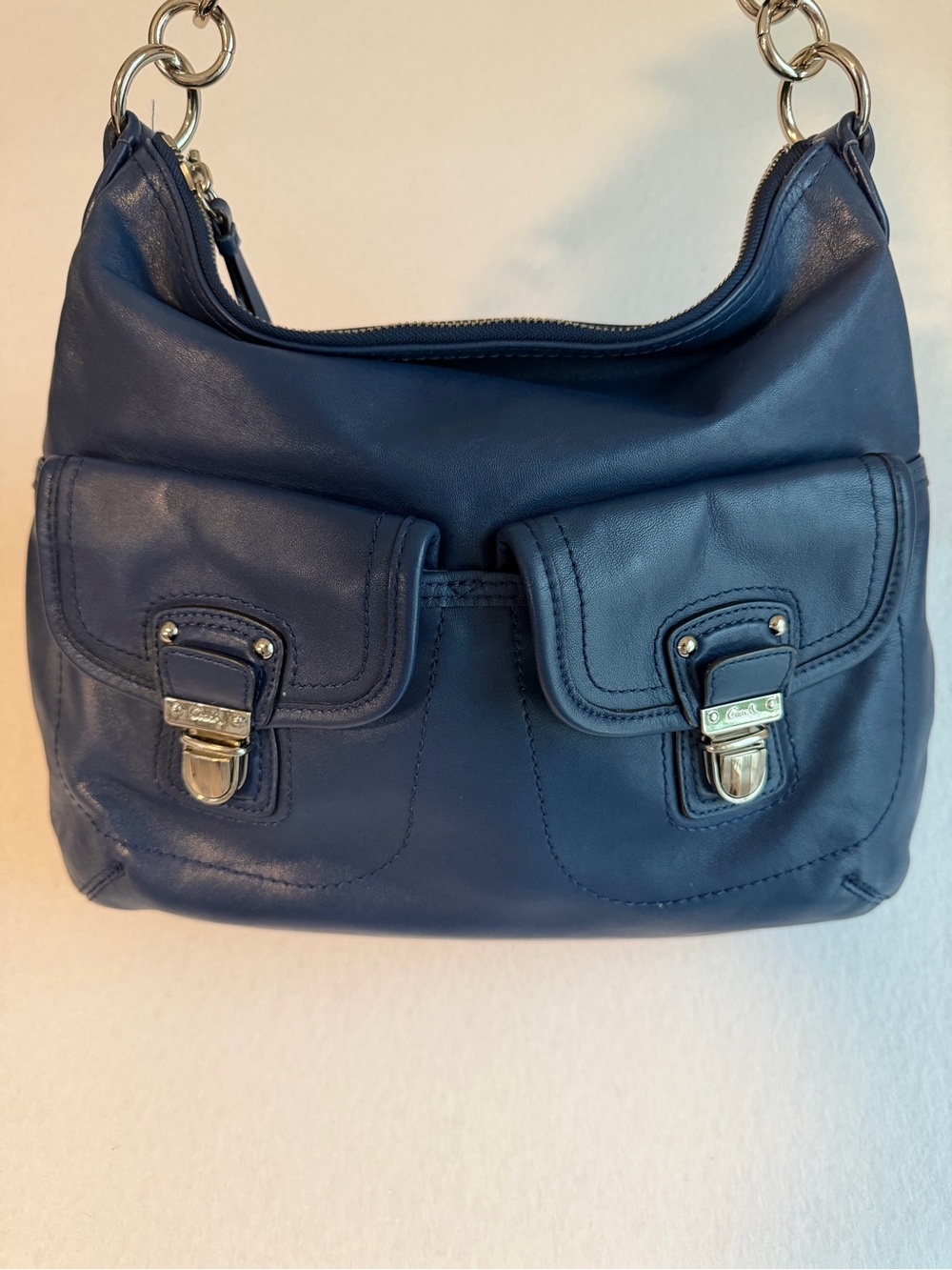 Coach Kristin Navy Cobalt Blue Leather Hobo Bag F23681 Push Lock Pockets - Picture 2 of 16